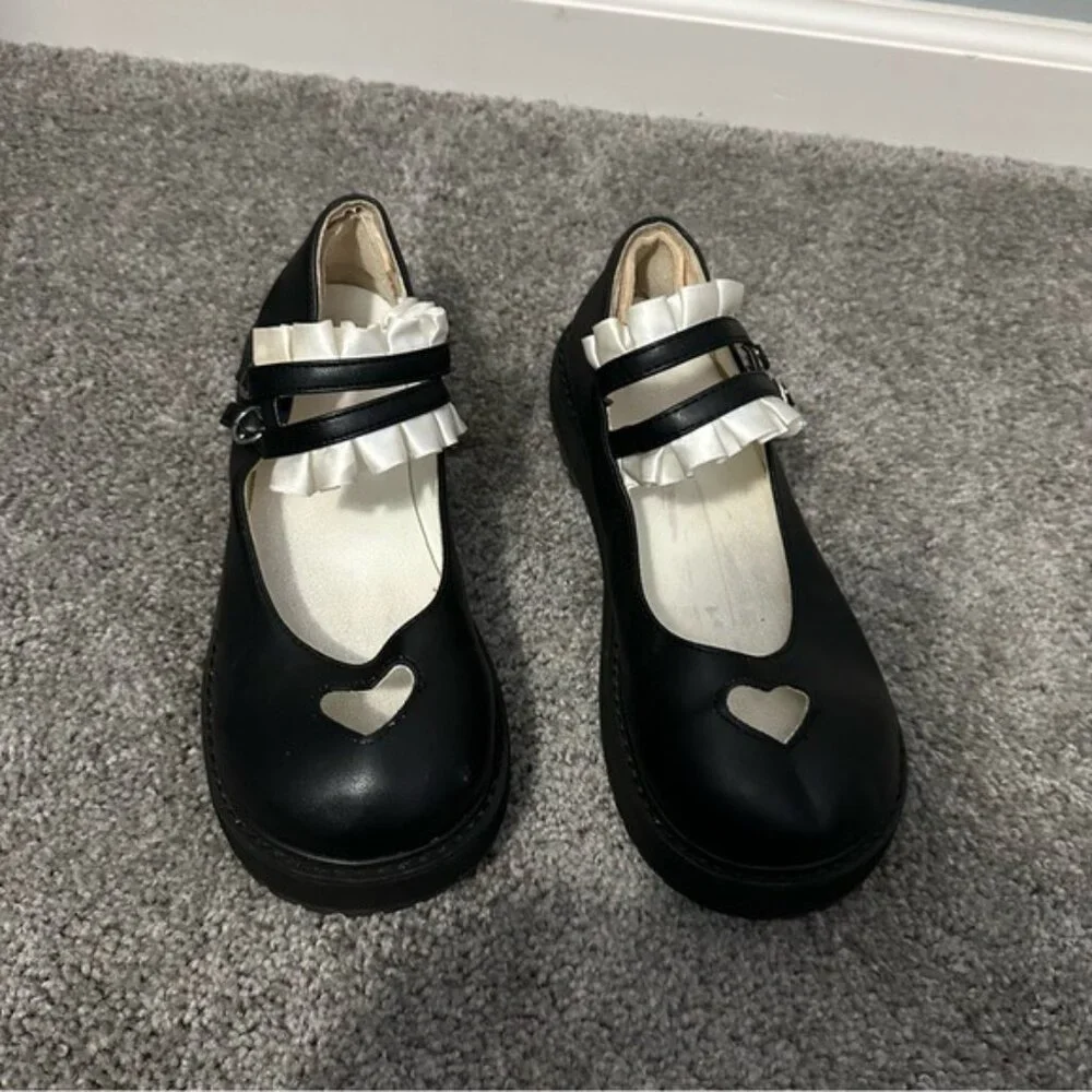 Lorie & Knight Lolita Mary Jane Shoes Black Heart Platform 8.5 Y2K